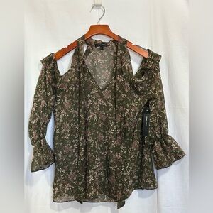 Moa Moa - Olive Green and Floral Cold Shoulder Sheer Blouse